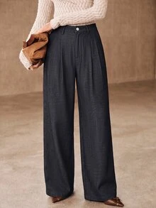 Anewsta Women's Elegant Commuter Versatile High Waist Double Pleated Draped Wide Leg Floor Length Trousers, Autumn/Winter - Navy Blue - View 5