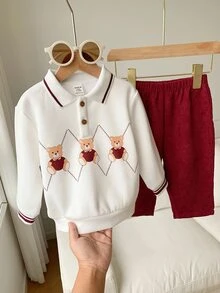 SHEIN 男嬰卡通熊圖案領口長袖套頭衛衣與彈性腰長褲 2 件套 - 彩色 - 查看 4