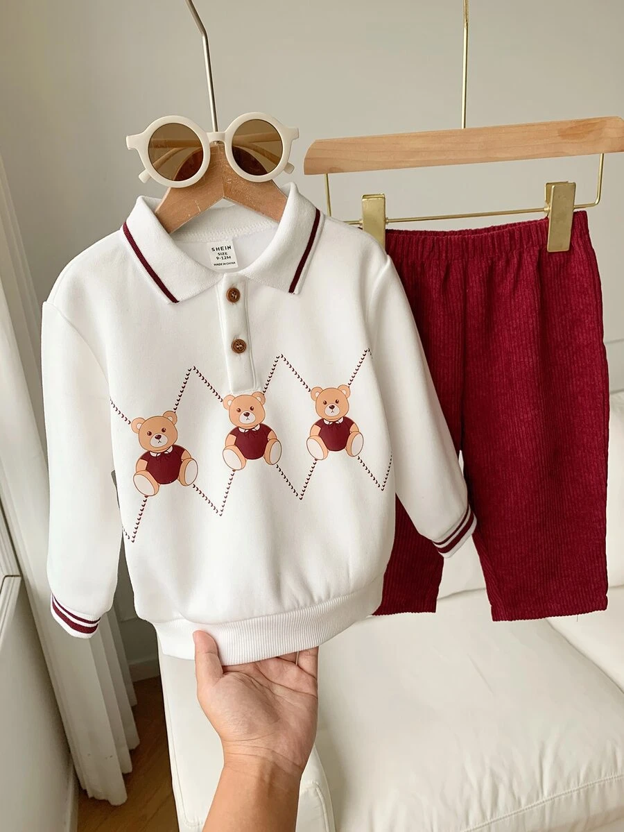 SHEIN 2pcs Baby Boy Cartoon Bear Pattern Collar Long Sleeve Pullover Sweatshirt & Elastic Waist Long Winter Pants Set, Infant Polo Outfit, Red Christmas Set - Multicolor - View 1