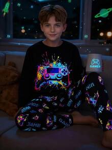 Piyama Anak Laki-laki Remaja 2 Potong Motif Konsol Game Fluorescent, Kerah Bulat, Lengan Panjang, Celana Panjang, Kasual, Nyaman, Pas di Rumah, Cocok untuk Musim Gugur/Dingin, Acara Keluarga, Pesta Piyama, Pemotretan. - MultiWarna - View 4