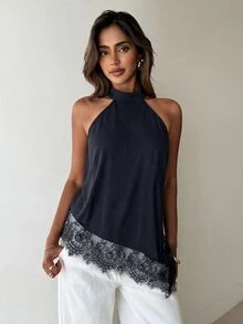 Aloruh Women's Lace Patchwork Asymmetrical Hem Top - Navy Blue - View 4