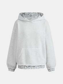 SHEIN 青少年女孩秋冬 Y2K 時尚豹紋拼接連帽長袖運動衫，寬鬆版型，袋鼠前口袋，灰色休閒街頭運動可愛風 - 淺灰色 - 查看 3