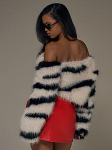 MUSERA Zebra Faux Fur Cropped Jacket Fall Autumn Winter Sexy Halloween Black Lace Going Out Instinct - Black and White - View 4
