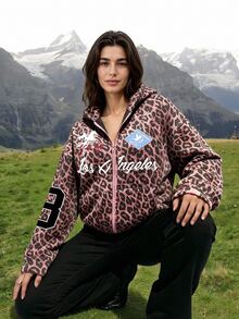 Exploreva Women's Leopard Print Letter Graphic Zip-Up Hooded Sweatshirt - Brown - View 5