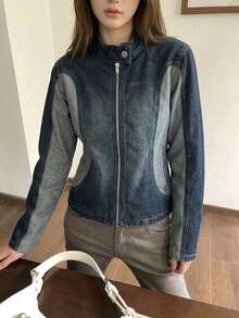 Livesso Women's Blue Washed Loose Fit Long Sleeve Short Denim Jacket With Turn-Down Collar, Button And Pocket Decor, Autumn - Blue - View 3