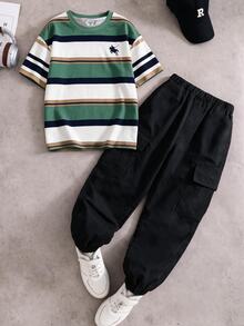 Tween Boy Striped Color Block Pony Graphic Digital Print T-Shirt And Cargo Pants Set, Casual Sports Style - White - View 6