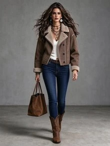 LUMIGAL Women's Autumn/Winter Long Sleeve Thermal Lined Single-Breasted Casual 90s Retro Loose Fit Jacket Everyday Hiking Brown - Brown - View 5