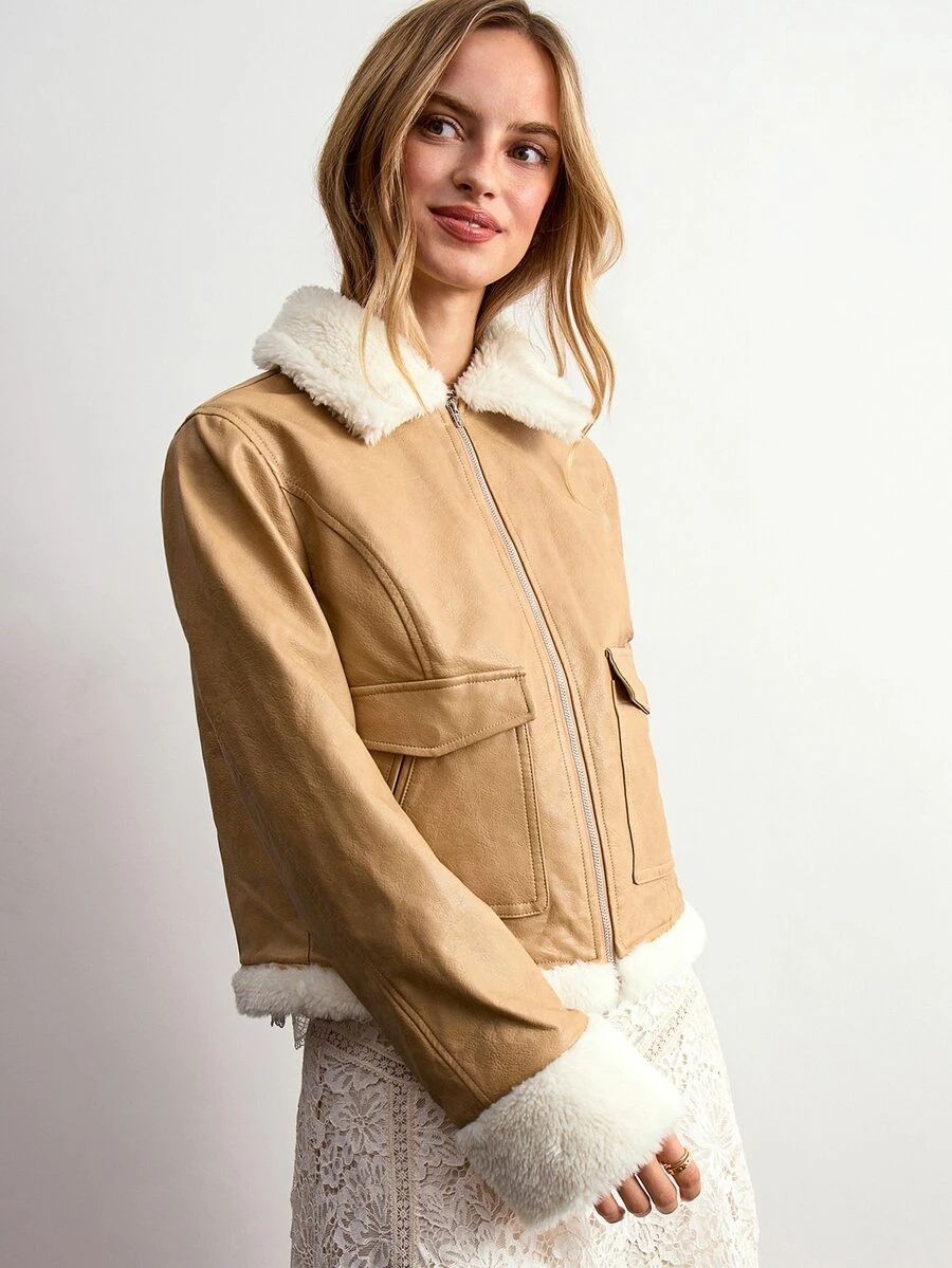Willow Rêve Women's Khaki Lambswool Collar PU Short Jacket - Khaki - View 1