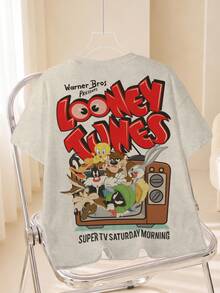 LOONEY TUNES X SHEIN تي شيرت نسائي بطبعة حروف كاجوال للاستخدام اليومي بأكمام قصيرة - أبيض - مشاهدة 2