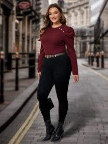 SHEIN Clasi Plus Size Button Details Puff Sleeve T-Shirt Fall - Burgundy - View 6