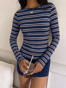 CovetEZ 女款條紋圓領長袖修身休閒T恤 - 藏蓝色 - 查看 4