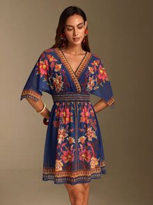 SHEIN Swim 女款花卉印花V領休閒度假罩衫洋裝 - 彩色 - 查看 5