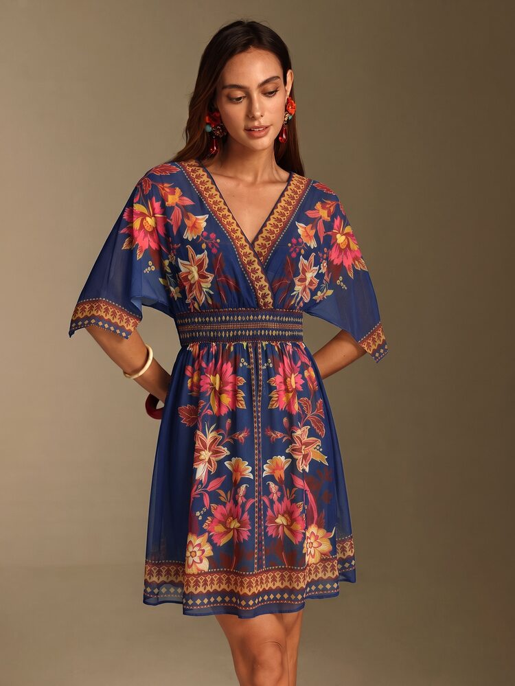 SHEIN Swim Women's Floral Print V-Neck Casual Vacation Cover-Up Dress - Multicolor - View 5