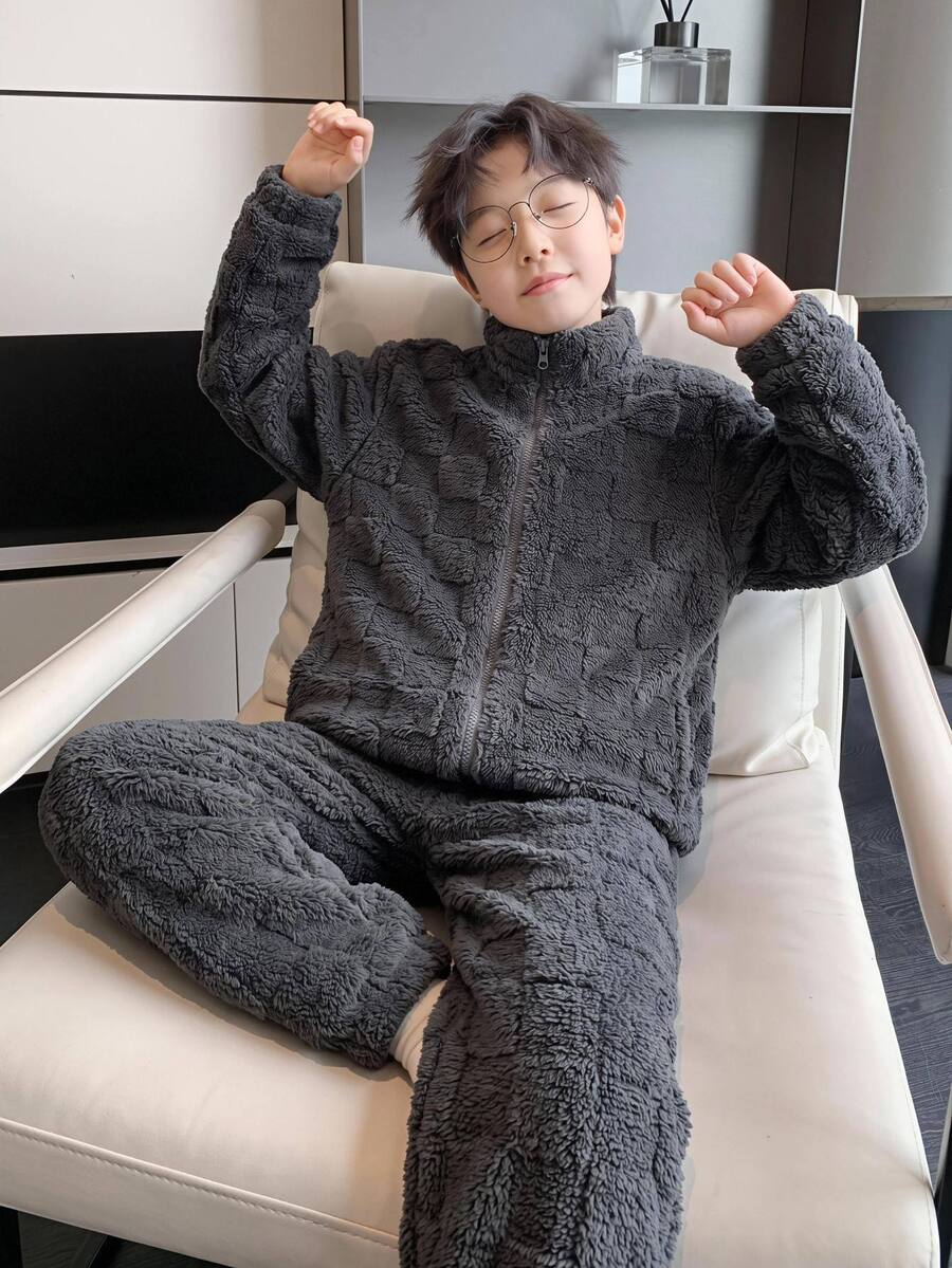 SHEIN Little Byeori KidsTweenBoys 男童休閒柔軟舒適雙面珊瑚絨法蘭絨家居服套裝 珊瑚絨睡衣套裝，適合秋冬、學校、家庭聚會、度假、派對，秋季穿搭，冬季穿搭