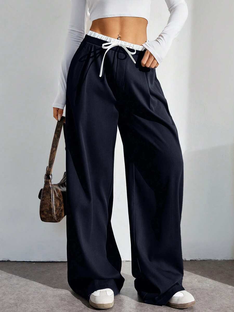 SHEIN Tall 女款素色休閒百搭日常穿著長褲 - 藏蓝色 - 查看 1