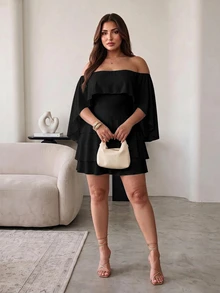 Hourglow Plus Size Women's Off Shoulder Cape Sleeve Mini Dress, Waist-Defining Layered Ruffle Elegant Party Dress For Shape - Black - View 4