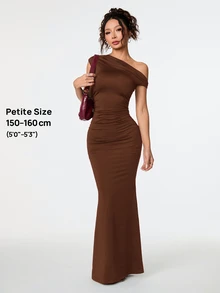SHEIN PETITE 優雅女款酒紅色斜肩不對稱超長魚尾洋裝，秋季用餐宴會與派對穿搭，夜店畢業季夏季洋裝 - 摩卡棕 - 查看 9