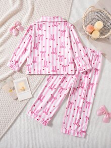 SHEIN 女童可愛休閒針織粉色蝴蝶結圖案長袖居家服套裝 - 粉色 - 查看 2