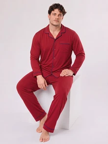 LUVLETTE Plus Size  Soft 100% Pure Cotton Red Basic Long Sleeve Button-Up Top & Pants Pajama Sets For Men Lounge With Pockets Pajamas Christmas & New Years - Red - View 8