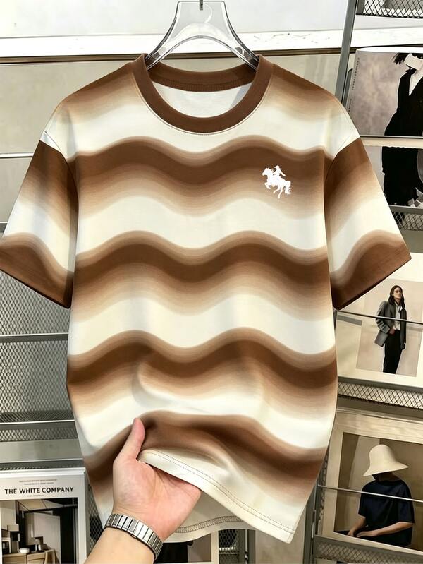 Manfinity Hypemode T-shirt col rond slim-fit beige et kaki en polyester avec imprimé géométrique ondulé pour un style streetwear décontracté
