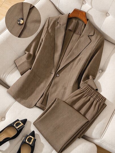 GlowEve CURVE Plus Size Women's Autumn/Winter Fashion Casual Comfortable Daily All-Match Versatile Khaki Suit Set