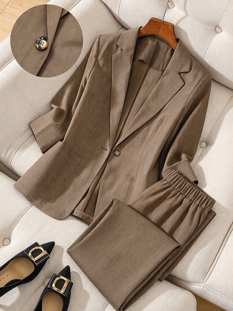 GlowEve CURVE Plus Size Women's Autumn/Winter Fashion Casual Comfortable Daily All-Match Versatile Khaki Suit Set - Khaki - View 1
