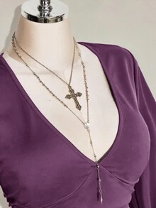 SHEIN ICON 女款大尺碼復古鄉村哥德風性感Y2K休閒優雅約會之夜夜店演唱會電音派對雞尾酒會深V領荷葉邊黑色T恤秋季 - 紫色 - 查看 5