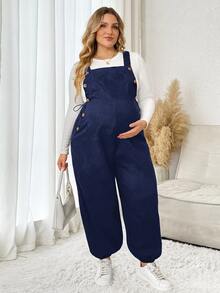Plussiva Plus Maternity Solid Button Detail Overall Without Tee Photoshoot Summer Maternity Going Out - Navy Blue - View 3