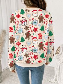 EMERY ROSE Women's Thick Santa Claus & Gingerbread Man Print Crew Neck Long Sleeve Sweatshirt Sweatshirt - White - View 4