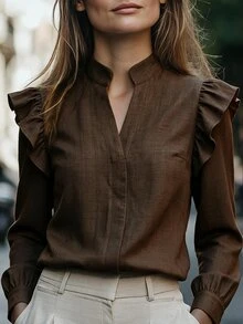 INAWLY Women's Solid Color Notch V-Neck Patchwork Ruffle Long Sleeve Blouse - Brown - View 1