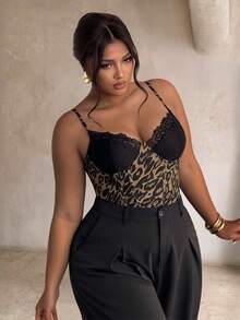 Firerie Plus Size Sexy Lace Patchwork Leopard Print Bodysuit - Multicolor - View 4