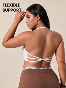 Rhythm Era Women's Plus Size Solid Color Halter Neck Everyday Fitness Sports Bra - White - View 1