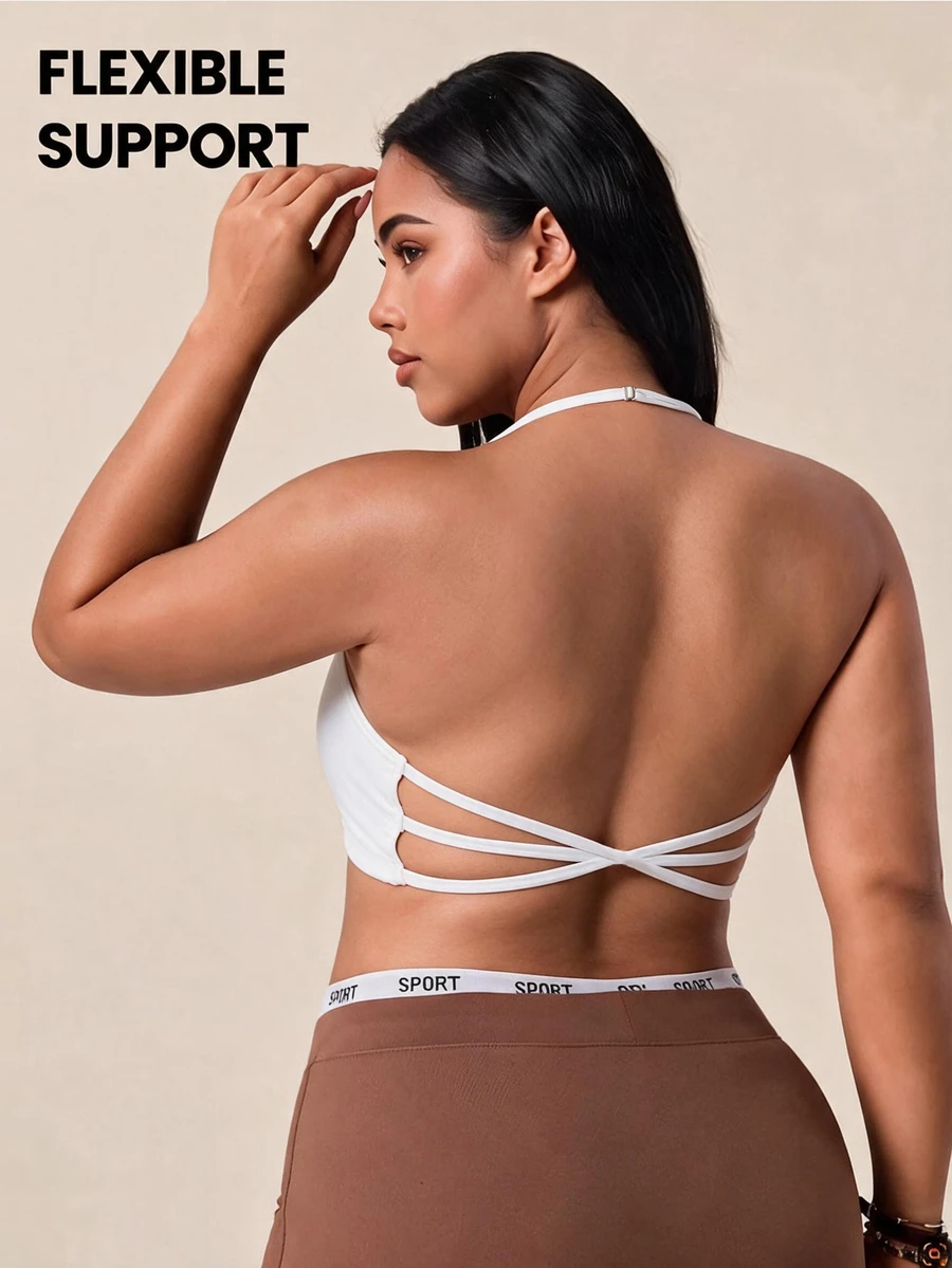 Rhythm Era Women's Plus Size Solid Color Halter Neck Everyday Fitness Sports Bra - White - View 1