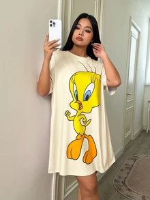 LOONEY TUNES X SHEIN 大尺碼可愛卡通印花短袖睡裙 - 杏色 - 查看 4
