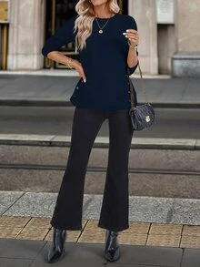 Elafinee Plain Round Neck Long Sleeve Button Embellished Simple Casual Top, Knit Pullover Fall Winter - Navy Blue - View 5