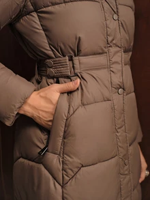 Anewsta Quilted Detachable Hood Cinched Waist Mid-Length Women's Padded Coat - Mocha Brown - View 4
