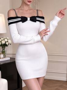 Cévolie Contrast Stripe Big Bow Decor Cold Shoulder Long Sleeve Fitted Bodycon Dress - Beige - View 7