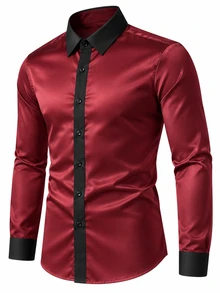 Manfinity Bizformal 男士商務休閒緞面布料設計深色拼接長袖襯衫 - 酒紅色 - 查看 3