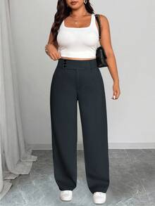 SHEIN Tall CURVE 大尺碼女款休閒通勤寬腰直筒長褲 - 深灰色 - 查看 5