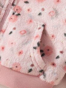 SHEIN 女嬰冬季連帽抓絨外套，拉鍊開合設計，寬鬆連帽版型，保暖百搭 Diptsy 花卉印花毛茸茸外衣 - 粉色 - 查看 7