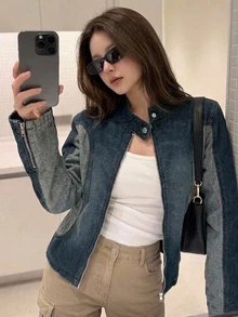Livesso Women's Blue Washed Loose Fit Long Sleeve Short Denim Jacket With Turn-Down Collar, Button And Pocket Decor, Autumn - Blue - View 2