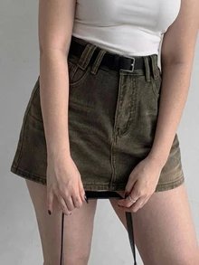 Dazy Plus American Retro Denim Skirt Women New Distressed High Waist A-Line Mini Skirt - Khaki - View 4