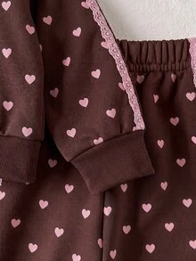 SHEIN 2件組 春/秋季女嬰運動休閒甜美套裝，愛心印花前襟半拉鍊立領長袖運動衫搭配同材質寬鬆休閒寬腿褲，適合日常外出、上學及各種場合 - 棕色 - 查看 7