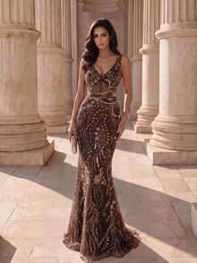 Coutiva V-Neck Sleeveless Heavily Embellished Full-Beaded Fitted Mermaid Tail Long Dress - Brown - View 5