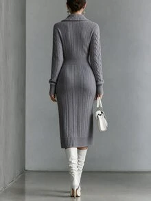 SHEIN Women Fall Winter Shawl Collar Cable Knit Dress Surplice V-Neck Long Sleeve Bodycon Midi Dress - Dark Grey - View 2