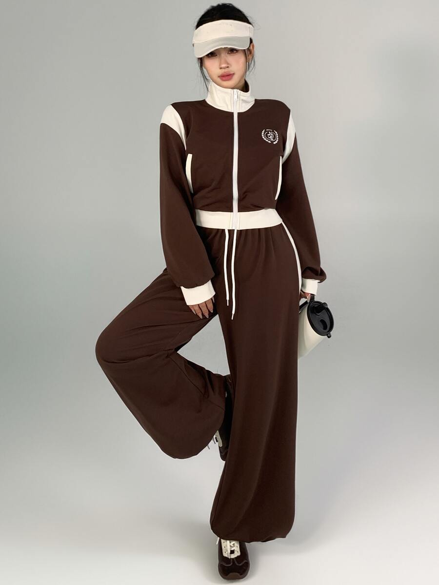 DAZY Women's Colorblock Long Sleeve Top And Pants Casual Daily Sports Set - Brown - View 1