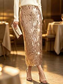 Balvessa Women's Solid Color Elegant Party Occasion Sequin Skirt - Gold - View 8