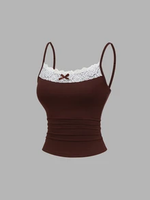 Elamini Spring/Autumn New 2 Pieces Set, Contrast Lace, Design-Driven Outfit, Slimming Fit, Suitable For Daily Wear And Street Style - Brown - View 5