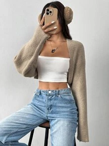 SHEIN EZwear 女款毛茸茸純色簡約休閒開襟衫，長袖上衣，秋冬日常杏色 - 杏色 - 查看 6