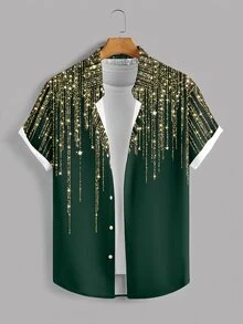 DSELFIQUE Men's Shiny Print Short Sleeve Single-Breasted Casual Shirt - Green - View 7
